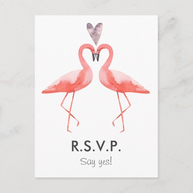 Flamingos tropische Hochzeitsstichtraffer-RSVP-Pos Einladungspostkarte (Vorderseite)