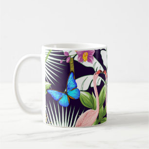 Flamingos, tropische Pflanze: Vintages Muster. Kaffeetasse