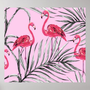 Flamingos, tropische Wasserfarbe Vintage Muster. Poster