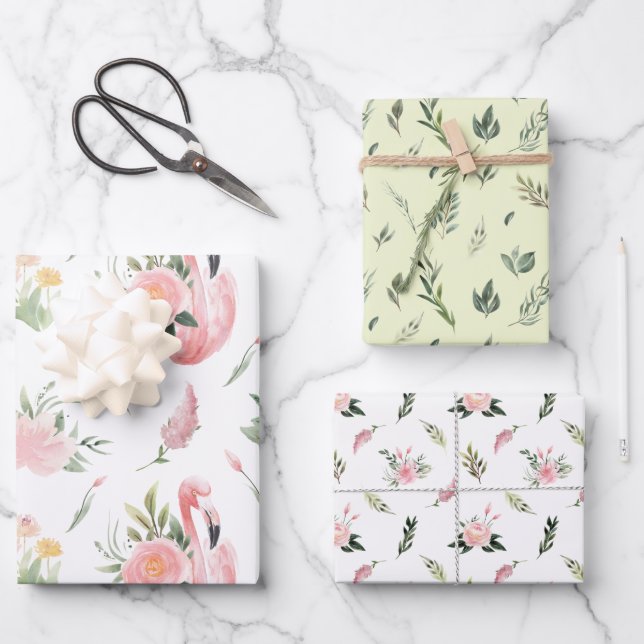 Flamingos und Blume - Papierblätter Geschenkpapier Set (Vorderseite)