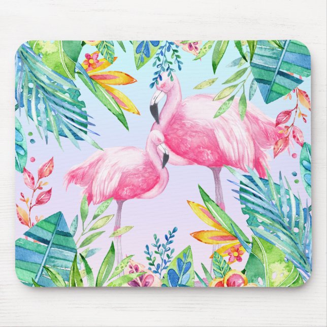 Flamingos und farbenfrohe tropische Blume Mousepad (Vorne)