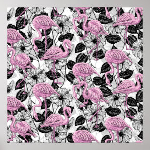 Flamingos und Hibiskusblüten Poster