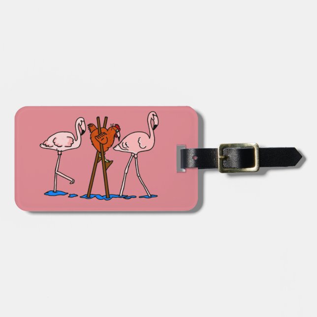Flamingos und Huhn mit rosa Hintergrund Gepäckanhänger (Vorderseite horizontal)