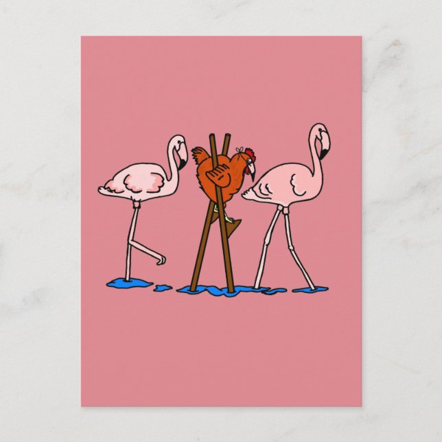 Flamingos und Hühnchen mit rosa Hintergrund Postkarte (Vorderseite)