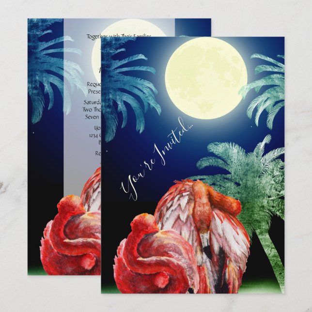 Flamingos und Moon Tropical Beach Hochzeit schlafe Einladung (Vorne/Hinten)