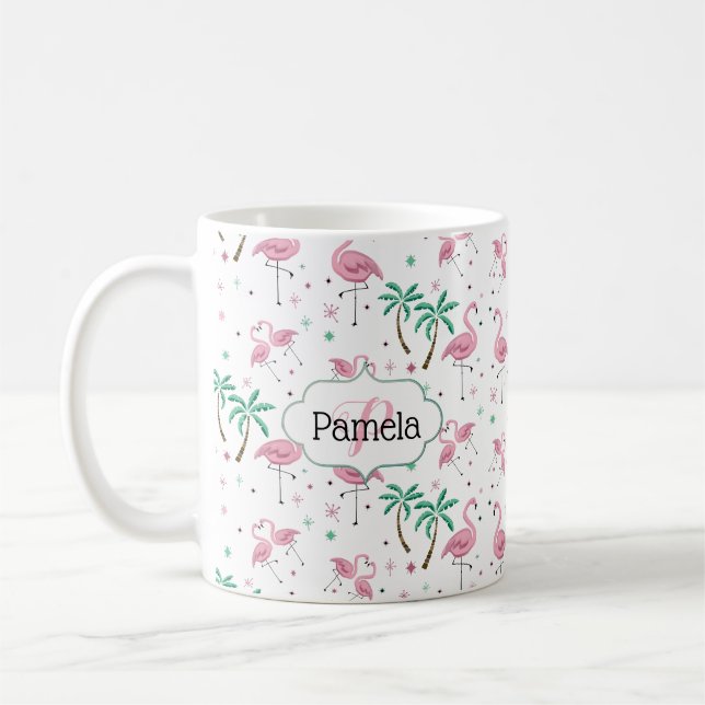 Flamingos und Palme-Atomart-Monogramm Kaffeetasse (Links)