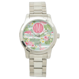 Flamingos und Streifen   Monogramm Armbanduhr