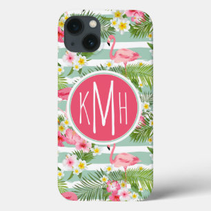 Flamingos und Streifen Monogramm iPhone 13 Hülle
