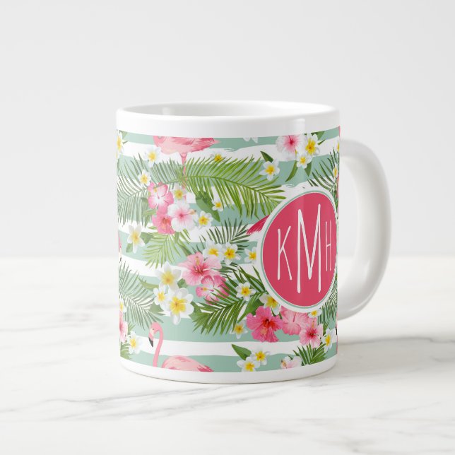 Flamingos und Streifen| Monogramm Jumbo-Tasse (Vorderseite Rechts)