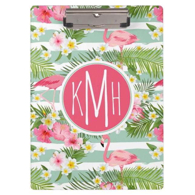 Flamingos und Streifen| Monogramm Klemmbrett (Vorderseite)