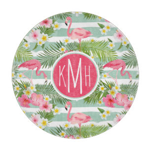 Flamingos und Streifen  Monogramm Schneidebrett