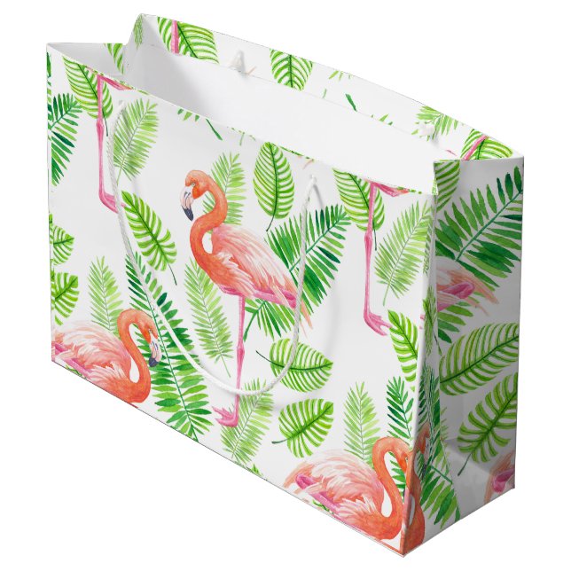 Flamingos und tropische Blätter Große Geschenktüte (Rückseite Schrägansicht)