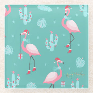 Flamingos Weihnachtsmann Hut präsentiert Schneeflo Glasuntersetzer