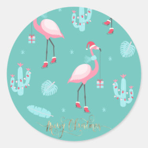 Flamingos Weihnachtsmann Hut präsentiert Schneeflo Runder Aufkleber