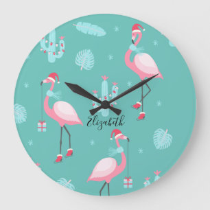 Flamingos Weihnachtsmannmütze präsentiert Schneefl Große Wanduhr