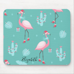 Flamingos Weihnachtsmannmütze präsentiert Schneefl Mousepad