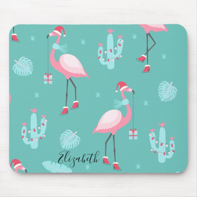 Flamingos Weihnachtsmannmütze präsentiert Schneefl Mousepad (Vorne)