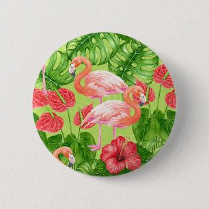 Flamingovögel und tropische Pflanzen Button