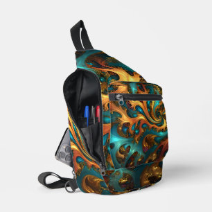 Flammen der Farbe: Türkis, Gold, Orange Fraktaler Crossbody Bag