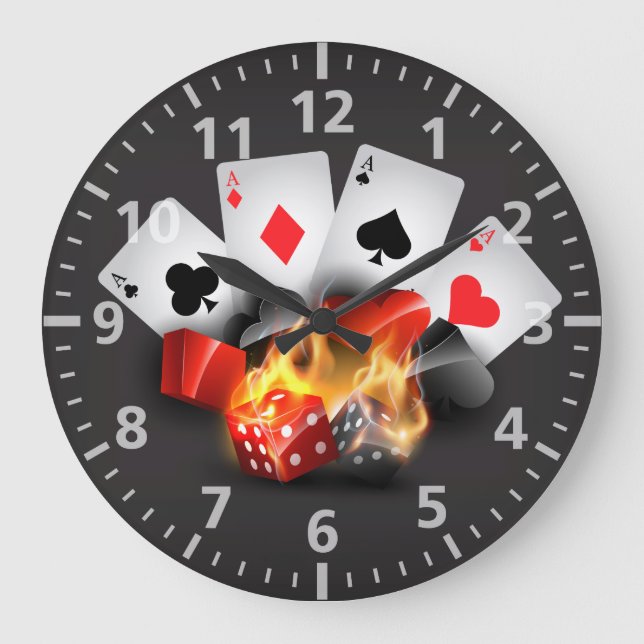 Flammen-Poker-Kasino-Schwarzes Große Wanduhr (Vorderseite)