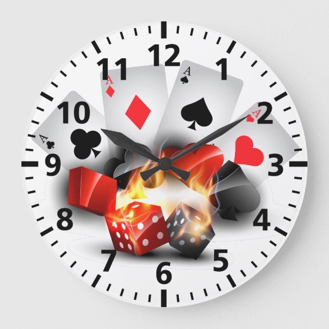 Flammen-Poker-Kasino-Weiß Große Wanduhr (Vorderseite)