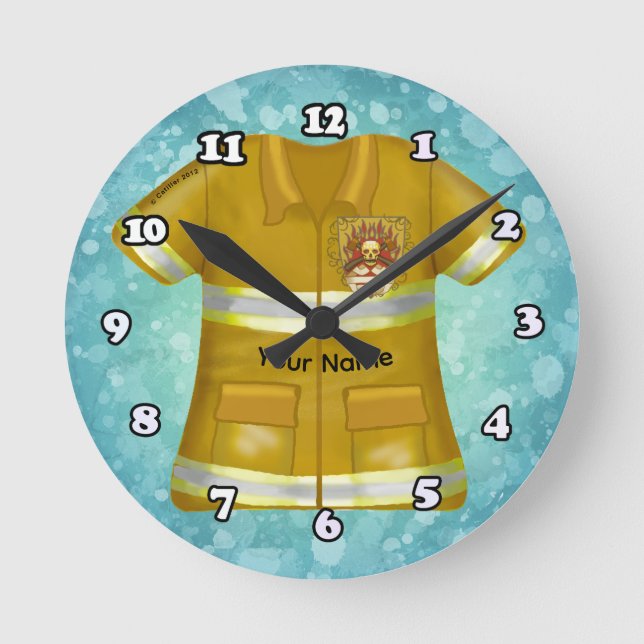 Flammen Schild Feuerwehrmann Runde Wanduhr (Vorderseite)