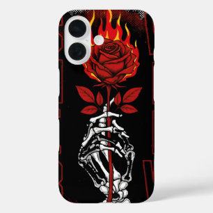 Flammende rote Rose und Totenkopf-Hand Urban Grung iPhone 16 Hülle