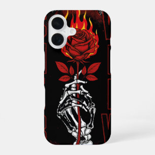 Flammende rote Rose und Totenkopf-Hand Urban Grung iPhone 16 Hülle