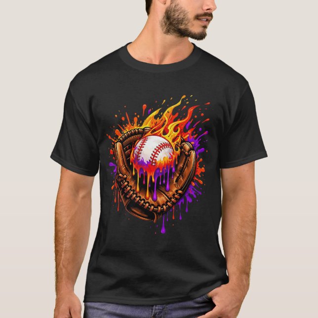  Flammender Baseballhandschuh-Tropfen T-Shirt (Vorderseite)
