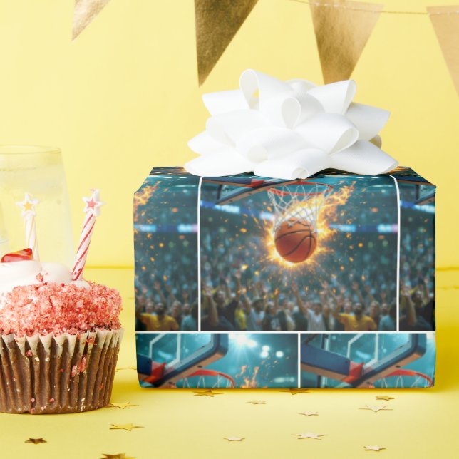 Flammender Basketball, der ins Netz geschossen wir Geschenkpapier (Geburtstagsparty)