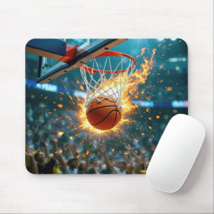 Flammender Basketball im Netz Mousepad