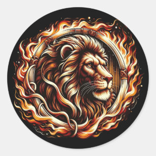 Flammender Löwe im Ring der Feuerflammen Astrologi Runder Aufkleber