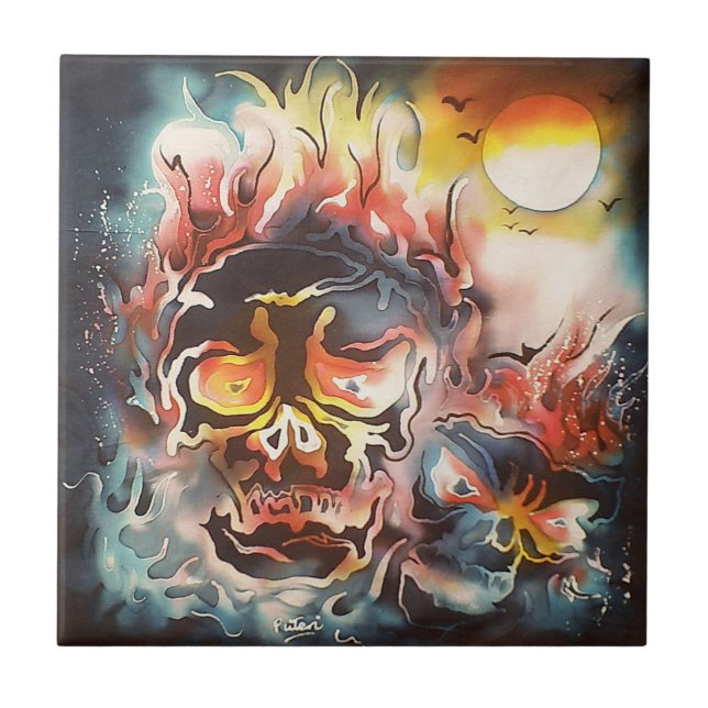 flammender Schädel abstrakte Kunst Fliese (Vorderseite)
