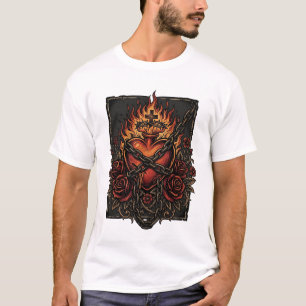Flammendes Heiliges Herz mit Rosen Vintage-Gotik-D T-Shirt