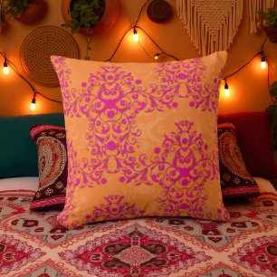 Flammendes Tangerine-Tango-Orange und Rosa Damast Kissen