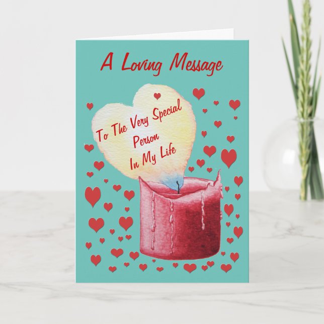 Flammenkerze mit rotem Herz und Liebe Karte (Vorderseite)