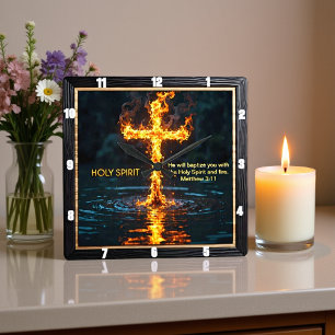Flammenkreuz Wasser Taufe Geist Matthäus 3:11 Quadratische Wanduhr