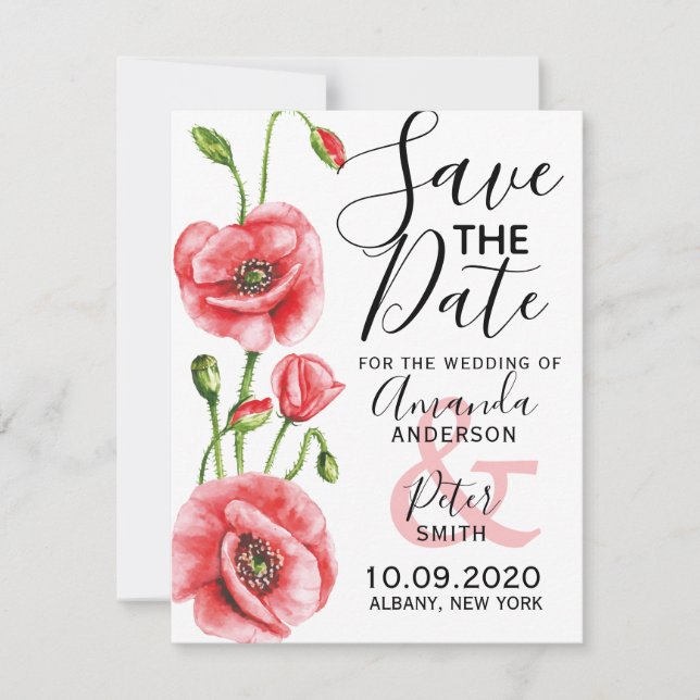 Flanders Poppy Elegante Wasserfarbenhochzeit Save The Date (Vorderseite)