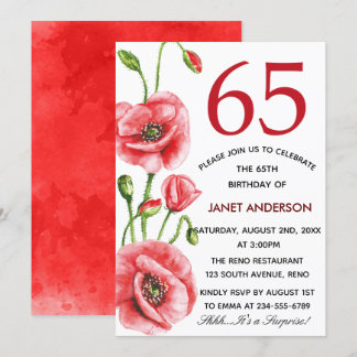 Flanders Poppy Watercolor 65. Geburtstagsparty Einladung