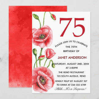 Flanders Poppy Watercolor 75. Geburtstagsparty Einladung