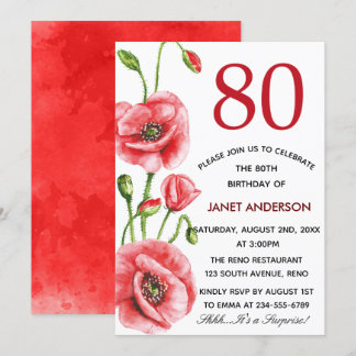 Flanders Poppy Watercolor 80. Geburtstagsparty Einladung