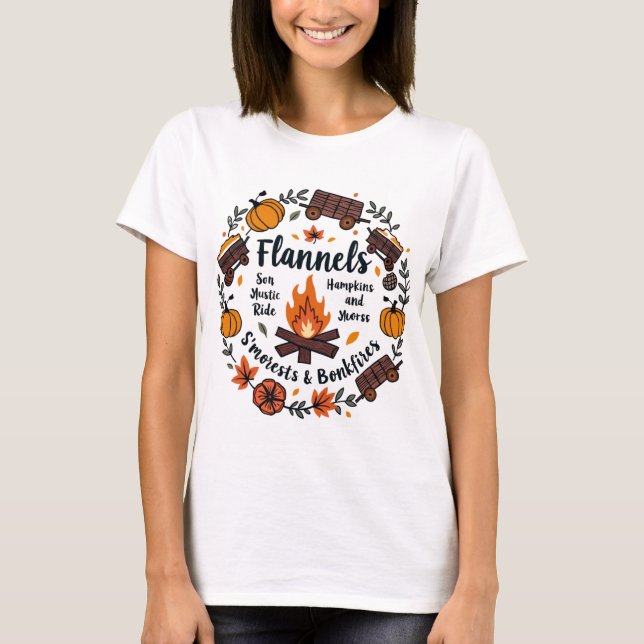 Flannel Fall Shirt, Pumpkins Hayrides Bonfire T-Shirt (Vorderseite)