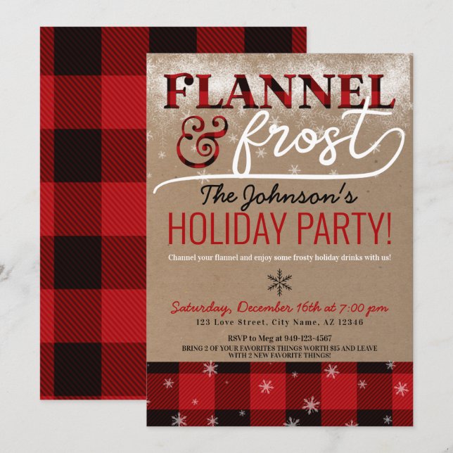 Flannel & Frost Cocktail Weihnachts-Party Einladung (Vorne/Hinten)