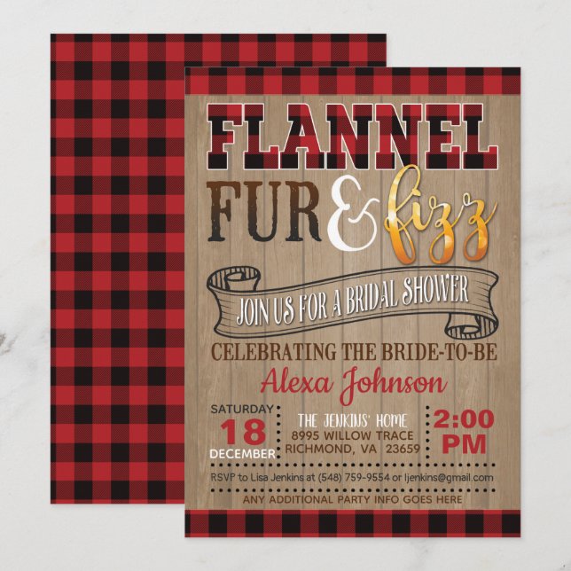 Flannel Fur und Fizz Brautparty Einladung (Vorne/Hinten)