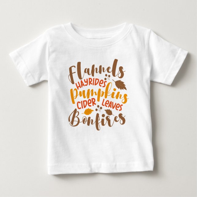 Flannels Hay Rides Pumpkins Cider Blätter Bonfire Baby T-shirt (Vorderseite)