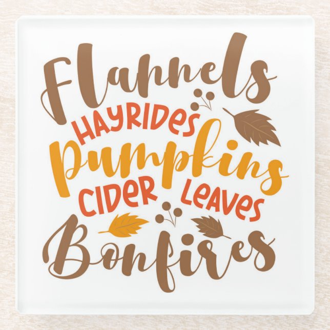 Flannels Hay Rides Pumpkins Cider Blätter Bonfire Glasuntersetzer (Vorderseite)