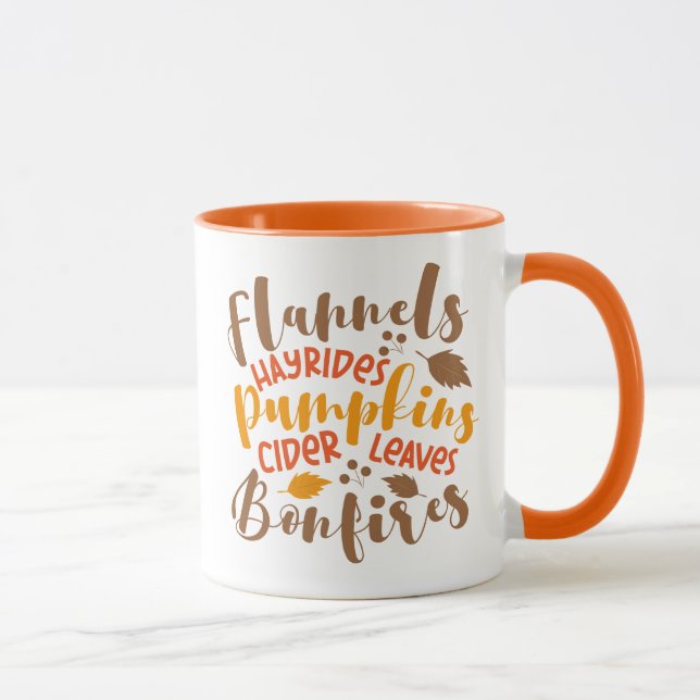 Flannels Hay Rides Pumpkins Cider Blätter Bonfire Tasse (Rechts)