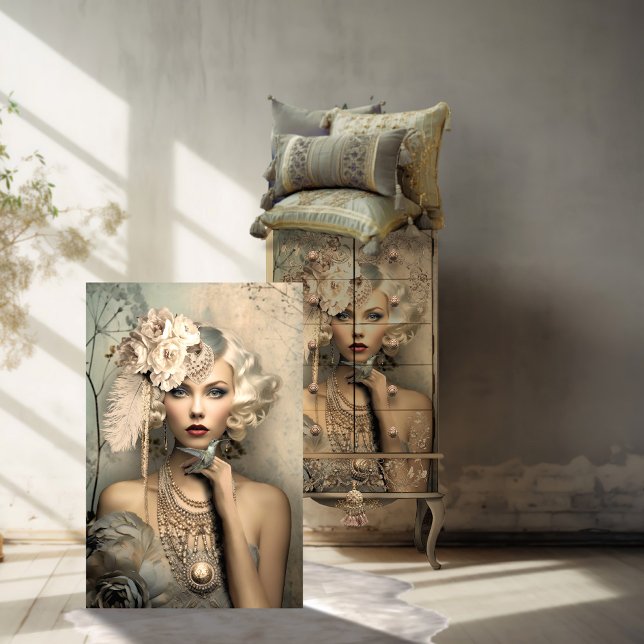 Flapper Beauty aus den 1920er Jahren und Hummingbi Seidenpapier (1920's Inspired Flapper Girl & a hummingbird. Light Dusty, Silver, Blue Adorned Lady Decoupage Paper)