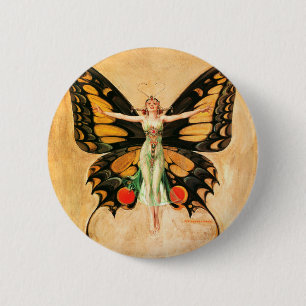 Flapper Butterfly Flying Frauan Illustration Button