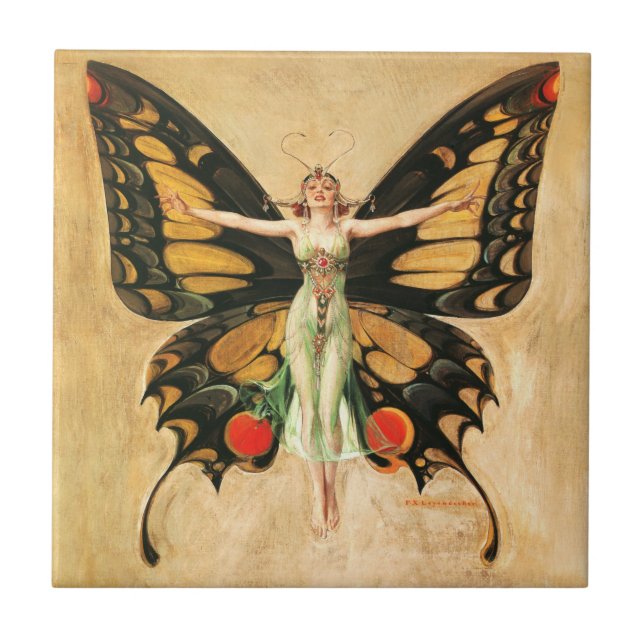 Flapper Butterfly Flying Frauan Illustration Fliese (Vorderseite)
